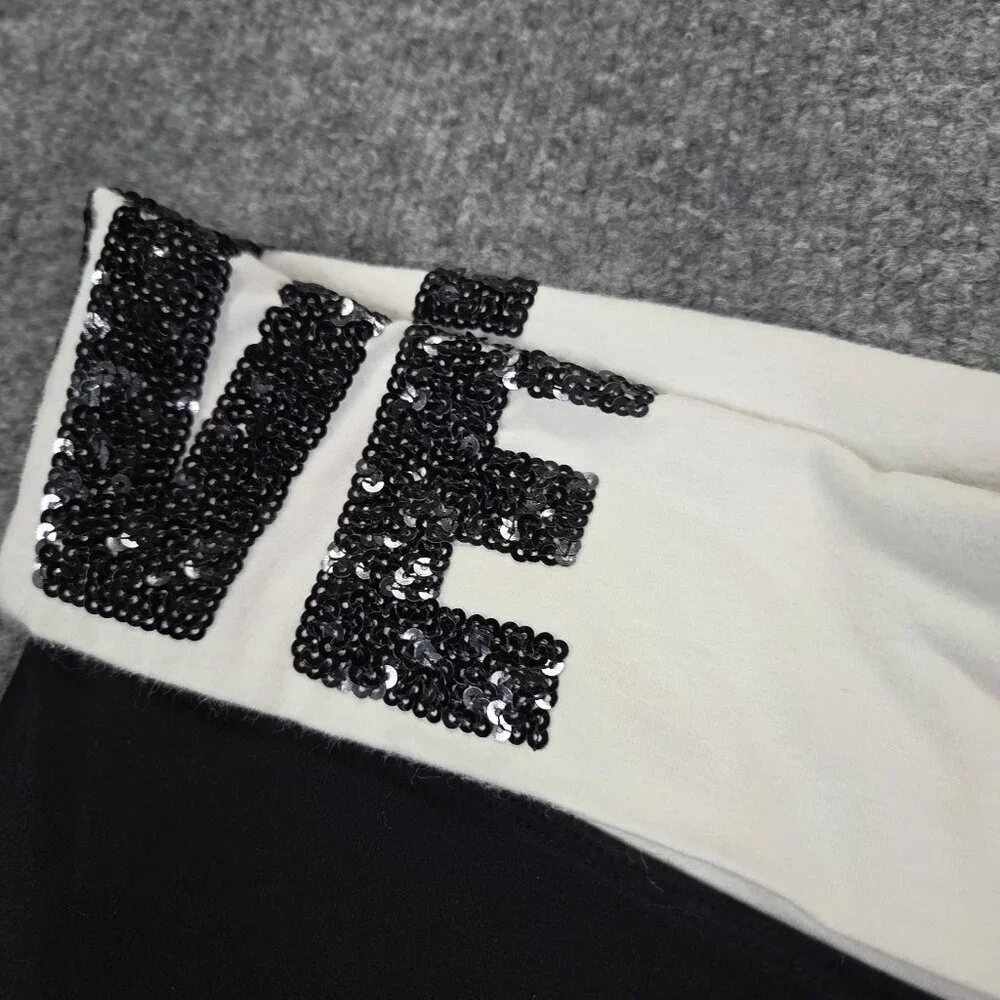 Victoria Secret PINK LOVE Black Yoga Cropped Fold Over Pants Sequins Large‎ Y2k